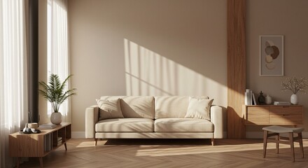 Modern Living Room Interior Design with Brown Leather Chair, Beige Sofa and Wooden Wall Panels