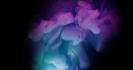 Smoke swirl. Paint vapor. Blue violet color steam pigment spilling on black frame background. Abstract art fluid defocused splash.