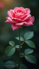 Obraz premium Pink rose blossom photo with green leaves on dark background for wedding invitation, romantic greeting card, social media post, branding and website banner