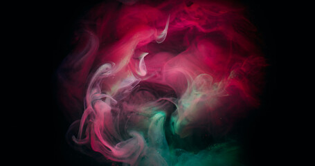 Mist blow. Mix smoke. Red green paint fluid spilling on black blur texture. Art blend color abstract flow defocused frame background.