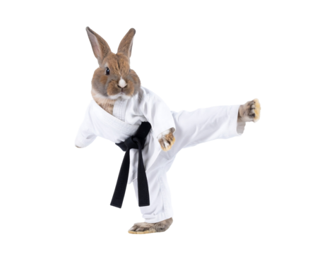 Brown Rabbit in Karate Outfit Performing a High Kick