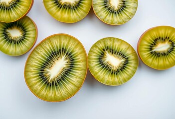 Fototapeta premium Flat lay half kiwi fruit cross-section, vibrant green flesh and black seeds, clean background, food, visual