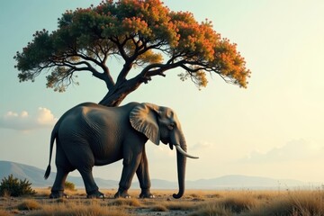 Serene African Elephant Majestically Walking Beneath a Vibrant Acacia Tree at Sunset