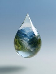 Conceptual Water Droplet Reflecting Forest and Mountain Landscape