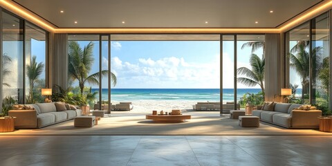 Fototapeta premium Spacious beachfront living area with ocean views.