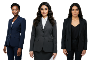 Three diverse young adult women in professional business suits standing confidently against a black studio background, looking at the camera.