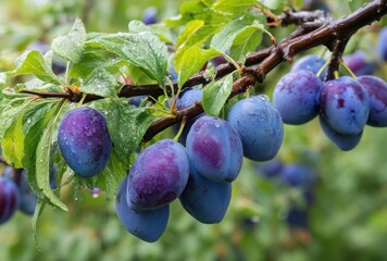 Fresh Plums on Branch with Rain Drops, Lush Green Leaves Surrounding Juicy Fruits in Relaxing Natural Setting
