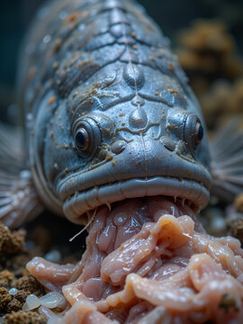 Close up of Lungfish or Lung fish feeding on fish meat