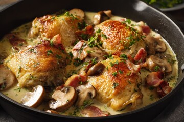 Fototapeta premium A horizontal top view of Coq au vin featuring chicken in white wine with cream bacon and mushrooms in a saucepan on a table