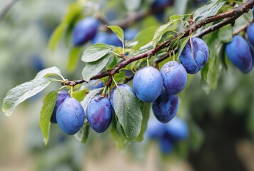 Fresh Plums on Tree Branch Surrounded by Lush Green Leaves in Dewy Environment Captured in Natural Light