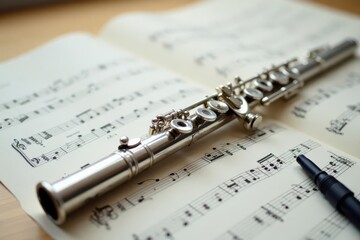 Fototapeta premium Silver flute rests on sheet music, a cleaning rod nearby, ready for a musical performance