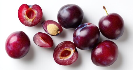 Fresh Plums on White Background, Whole and Halved Fruits with Pits, Healthy Snack, Organic Produce, Ripe Summer Fruit, Natural Sweetness, Nutrient Rich