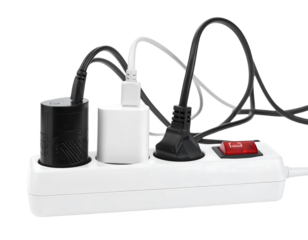 White Power Strip with Multiple Plugs and Cables