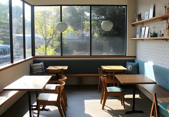 Fototapeta premium Modern Cafe Interior with Sunlit Seating Area