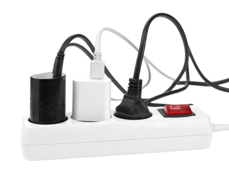 White Power Strip with Multiple Plugs and Cables