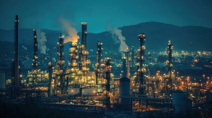 Obraz premium Night view of illuminated industrial complex, emitting smoke and light against a dark sky and distant mountains