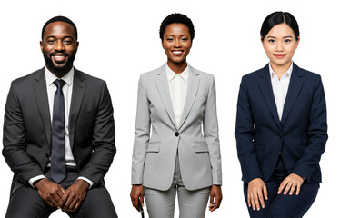 Diverse group of three professional business people, including a Black man, a Black woman, and an East Asian woman, wearing suits and smiling for a studio portrait.