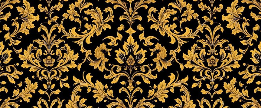 Intricate black & gold floral damask, opulent baroque style , illustration, gold pattern