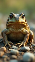 Fototapeta premium American toad sits on gravel path, displaying its warty skin, large eyes, and natural camouflage