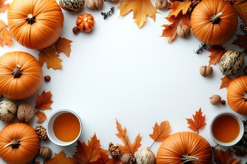 Autumnal arrangement of pumpkins, leaves, nuts