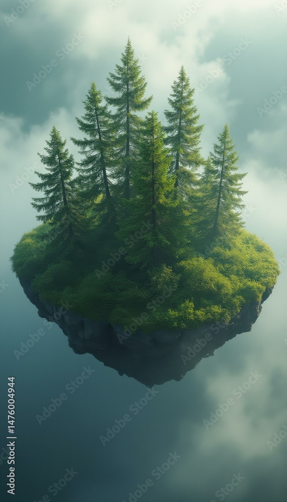 Aufkleber floating island in cloudy skies: serene fantasy landscape with lush trees and mysterious atmosphere