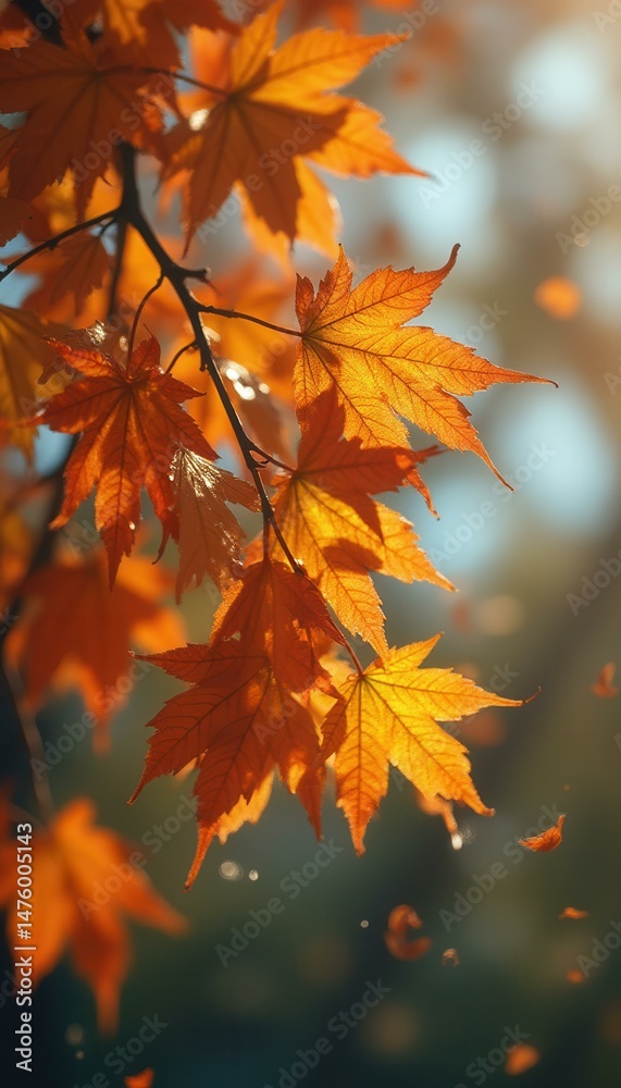 Aufkleber Golden maple leaves bathed in soft sunlight, creating a warm and serene autumn scene with a shallow depth of field