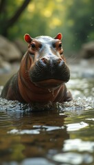 Fototapeta premium Curious Young Hippopotamus Emerging from Water in Lush Green Setting