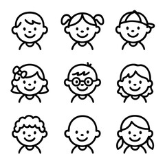 A set of doodle line icons featuring diverse children's faces with different hairstyles, expressions, and accessories for avatars or profiles