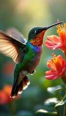 Fototapeta premium Vivid Hummingbird Feeds on Nectar from Bright Orange Flowers in Lush Garden Setting