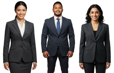 Three diverse young adult professionals, including an Asian woman, Pacific Islander man, and South Asian woman, smiling in business suits against a transparent background