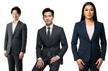 Studio portrait of three diverse young adult business professionals, two males and one female, wearing suits against a transparent background.