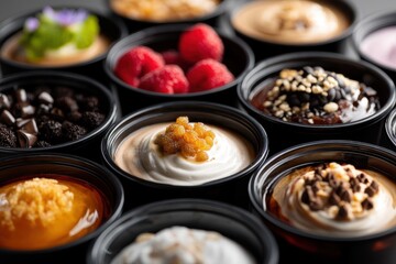 A selection of popular milk tea toppings and ingredients in black plastic cups
