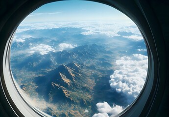 Fototapeta premium Aerial View of Mountain Range from Airplane Window