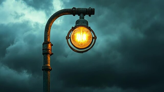Single glowing lamppost against a stormy sky