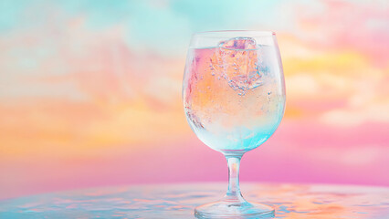 refreshing transparent glass filled with crystal-clear water, set against a soft pastel gradient background, creating a calm and inviting atmosphere.