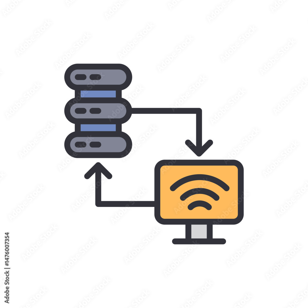 Poster server and computer network illustrating data exchange on transparent background