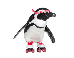 Obraz premium Playful Penguin on Roller Skates with Red Bandana
