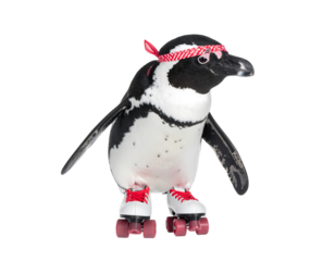 Playful Penguin on Roller Skates with Red Bandana