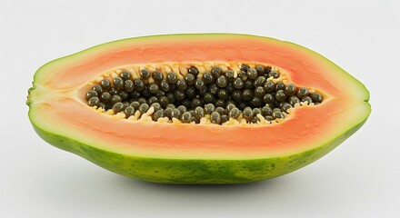 Horizontally cut green papaya with a full view of orange pulp and seed cavity, rich in natural detail.