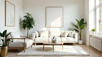 Bright and airy living room with minimalist decor, featuring a cream-colored sofa, wooden coffee table, and lush potted plants, complemented by framed artwork and a soft, fluffy rug.