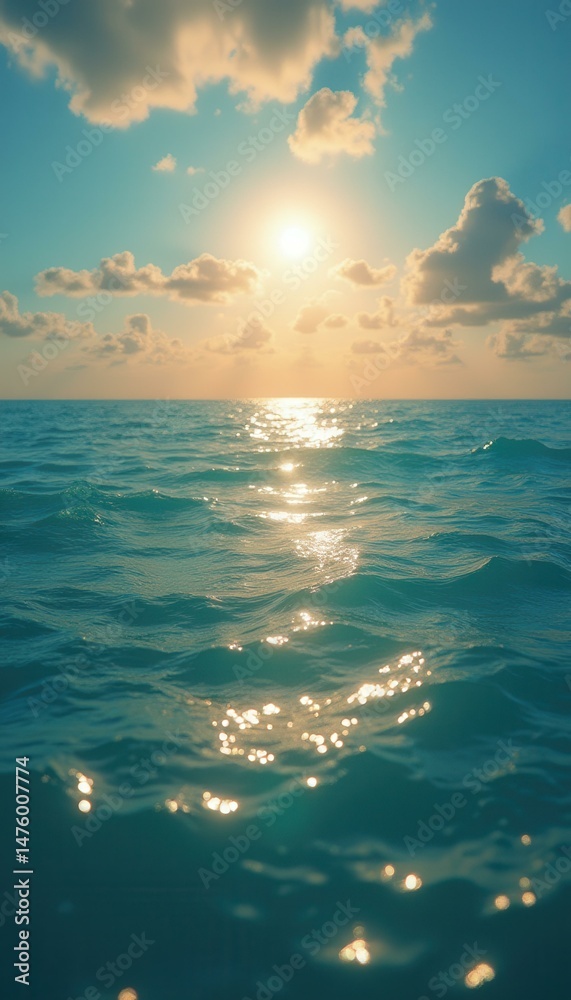 Poster peaceful turquoise ocean ripples under a bright sun with scattered clouds, creating a serene and ref