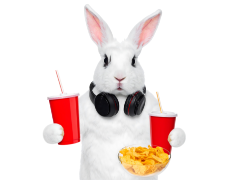 White Rabbit with Headphones Enjoying Snacks
