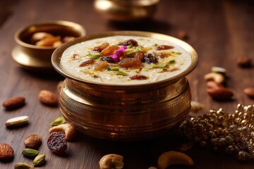 A South Indian dessert payasam adorned with dry fruits and served in a brass bowl against a brown wooden backdrop