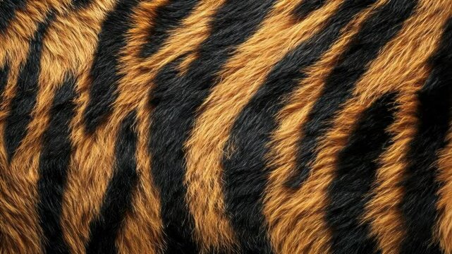 Close-up of tiger fur, showcasing its rich orange and black stripes. Detailed texture.
