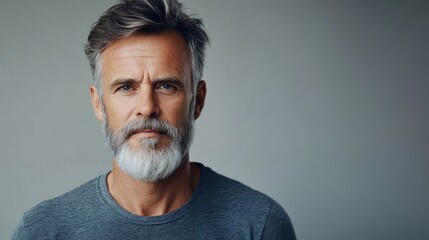 Obraz premium Portrait of a serious-looking man with graying hair and a full beard, against a plain background