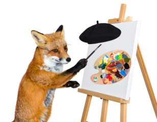Red Fox Artist Painting on Easel with Palette and Paintbrush