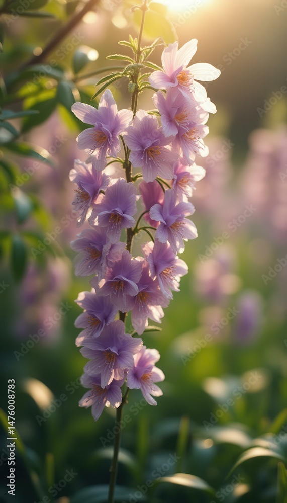 Poster delicate cascading blossoms in soft light with a serene botanical aesthetic.