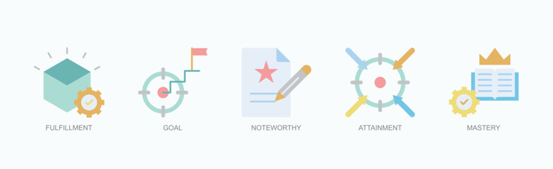 Achieve Greatness Icon Set Isolated Vector With Icon Of Fulfillment, Goal, Noteworthy, Attainment, Mastery In Flat Style