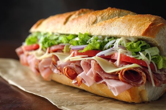A tasty sub sandwich with meats greens and cheese on a bun