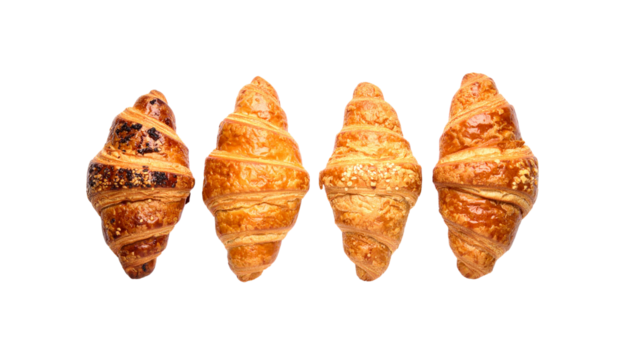 Freshly baked pastries and assorted baked breads on white background

